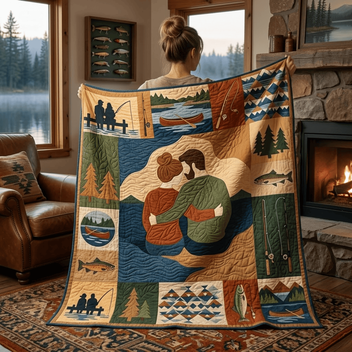 Fishing Couple Quilt Blanket - Romantic Fishing Blanket, Couples Angler Gift & Rustic Lake Cabin Decor