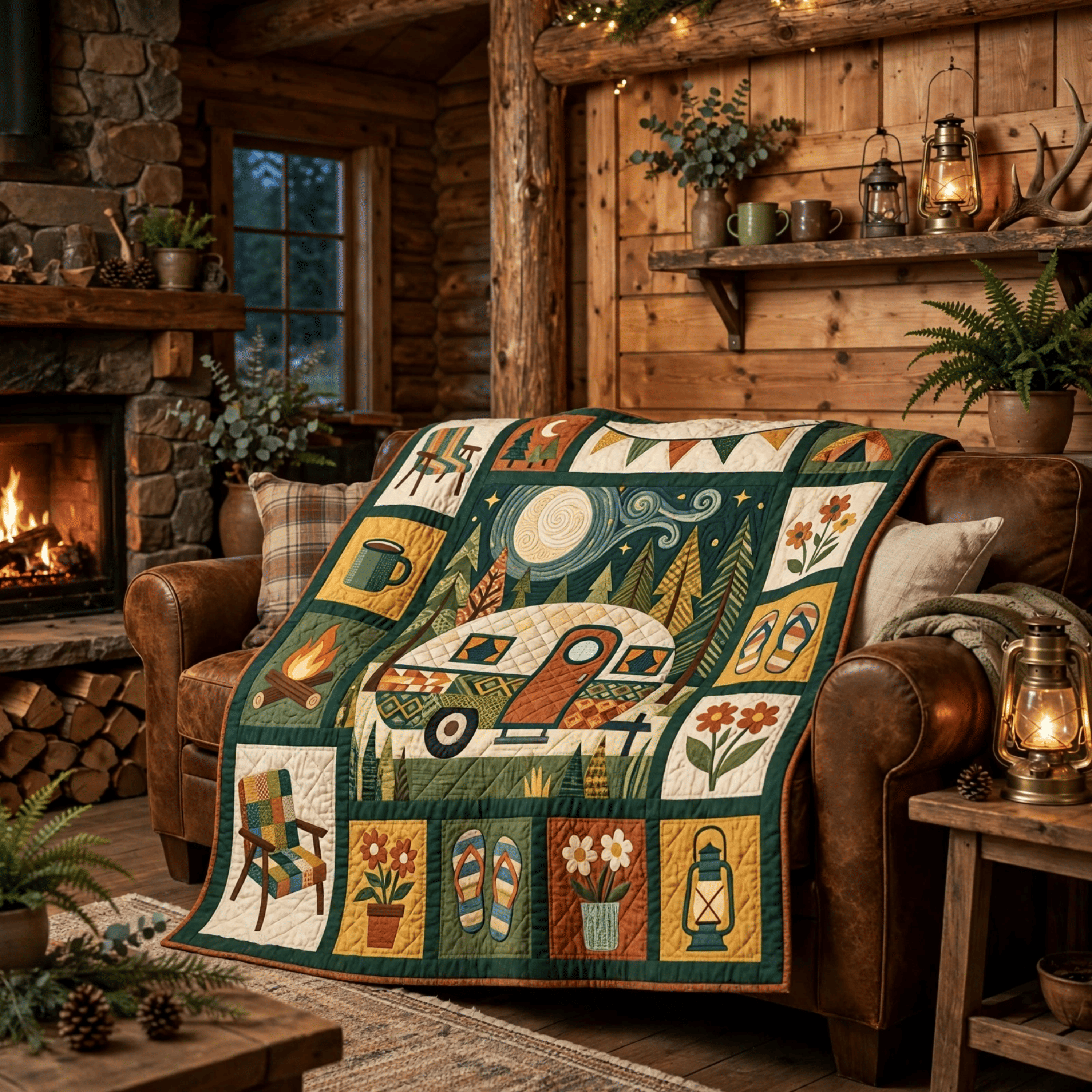 Camping Quilt Blanket - Camper Van Blanket, Outdoor Adventure Gift & Rustic RV Travel Home Decor