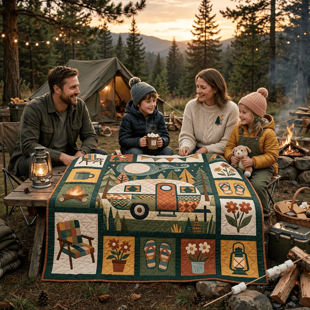 Camping Quilt Blanket - Camper Van Blanket, Outdoor Adventure Gift & Rustic RV Travel Home Decor