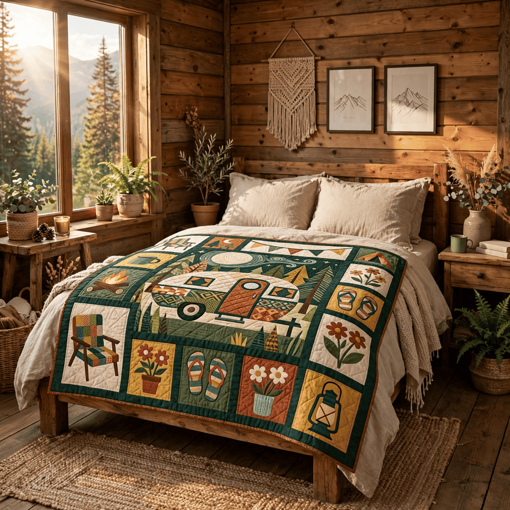 Camping Quilt Blanket - Camper Van Blanket, Outdoor Adventure Gift & Rustic RV Travel Home Decor