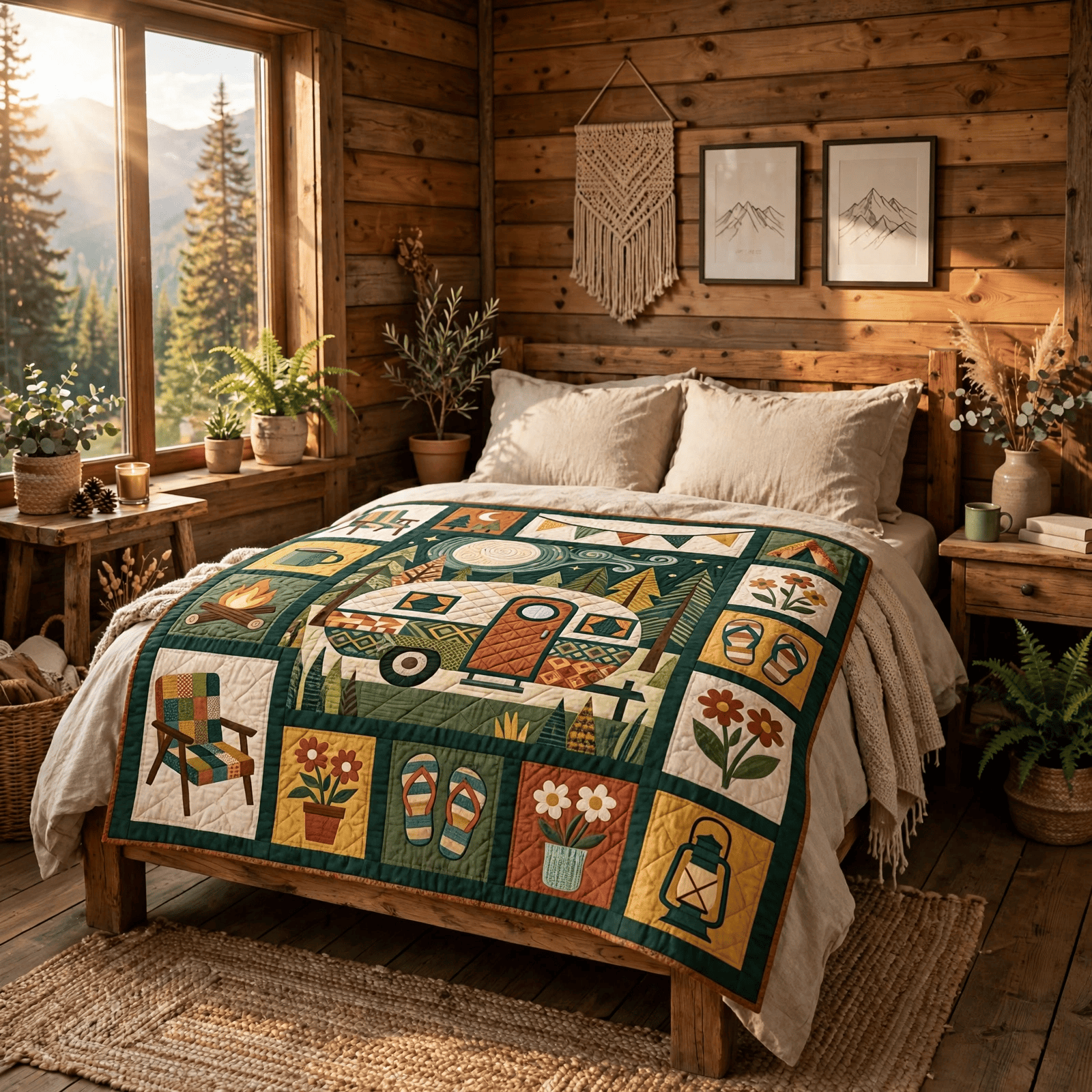 Camping Quilt Blanket - Camper Van Blanket, Outdoor Adventure Gift & Rustic RV Travel Home Decor