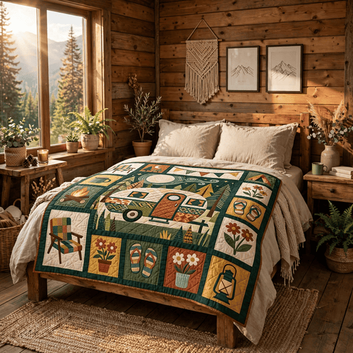 Camping Quilt Blanket - Camper Van Blanket, Outdoor Adventure Gift & Rustic RV Travel Home Decor