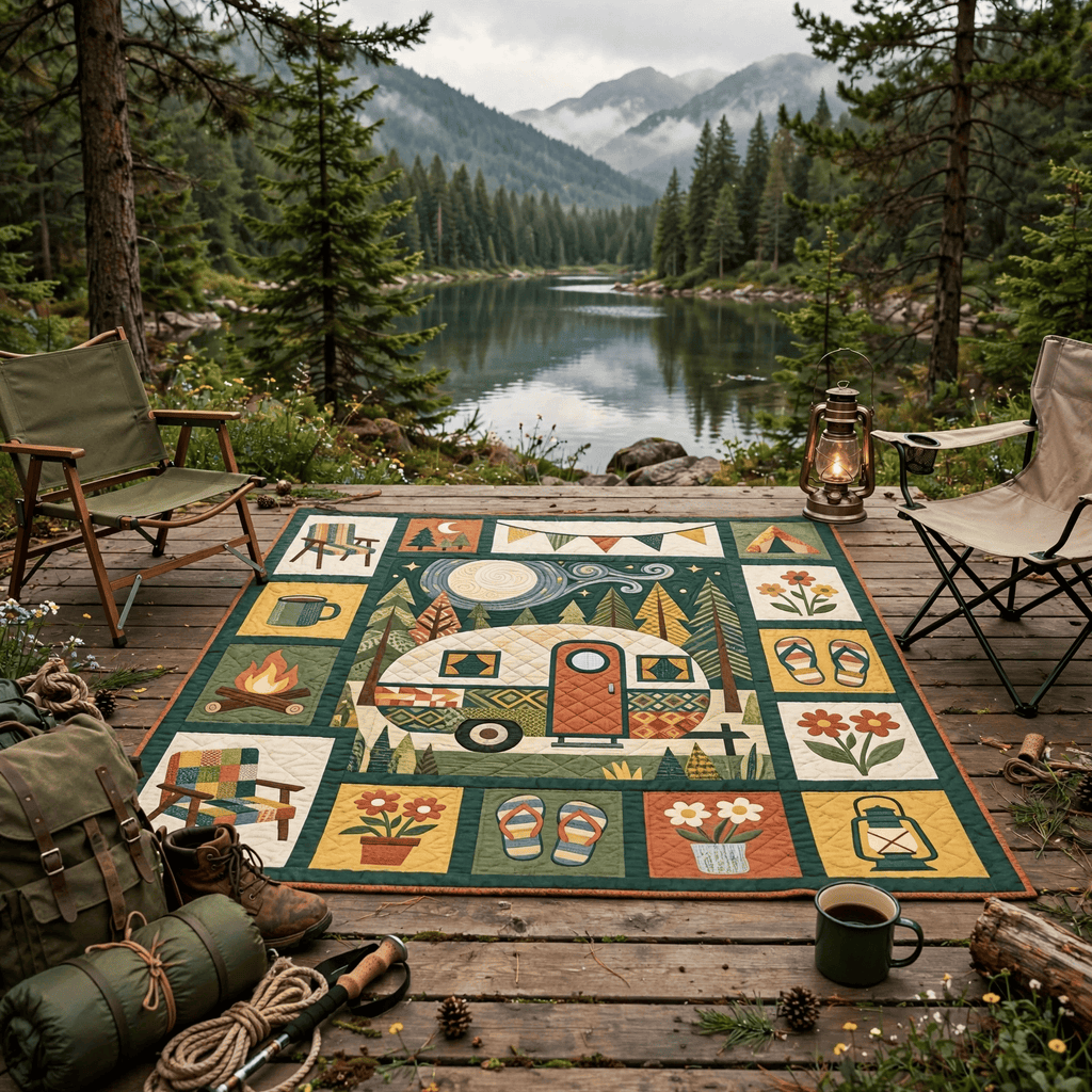 Camping Quilt Blanket - Camper Van Blanket, Outdoor Adventure Gift & Rustic RV Travel Home Decor