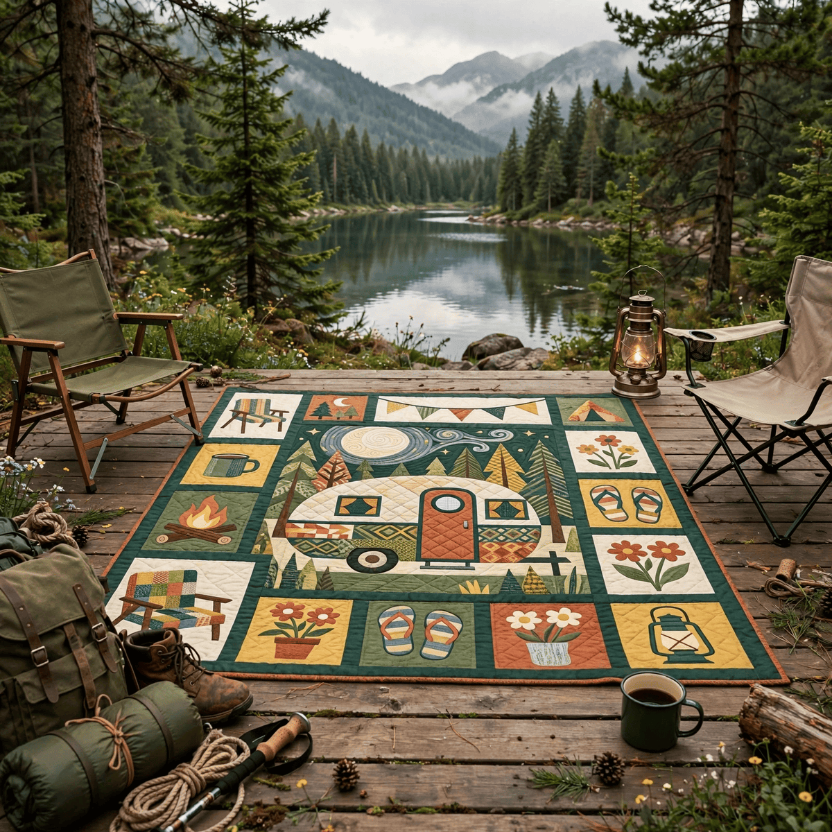 Camping Quilt Blanket - Camper Van Blanket, Outdoor Adventure Gift & Rustic RV Travel Home Decor