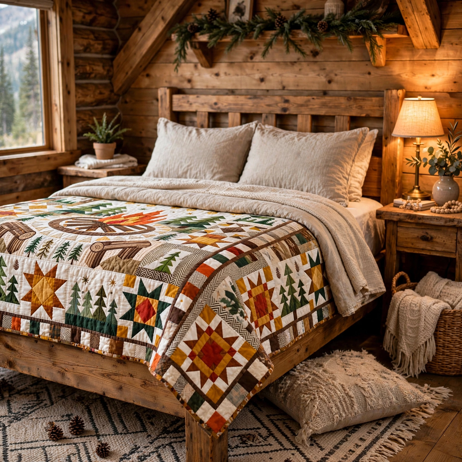 Camping Quilt Blanket - Cozy Campfire Blanket, Outdoor Adventure Gift & Rustic Cabin Home Decor