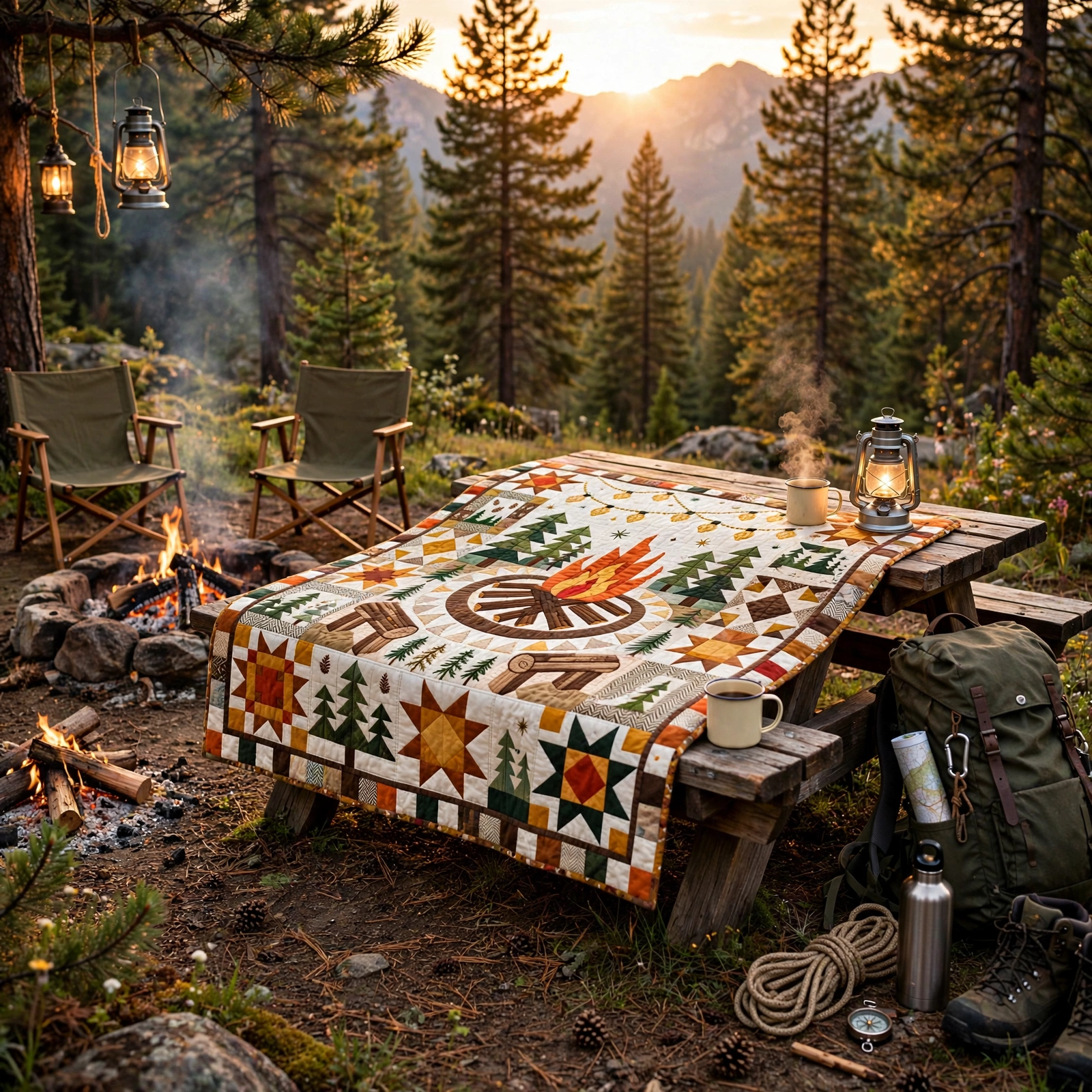Camping Quilt Blanket - Cozy Campfire Blanket, Outdoor Adventure Gift & Rustic Cabin Home Decor