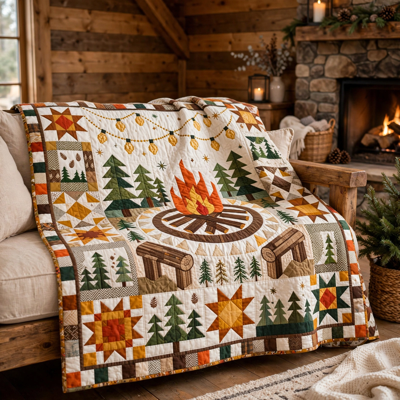 Camping Quilt Blanket - Cozy Campfire Blanket, Outdoor Adventure Gift & Rustic Cabin Home Decor