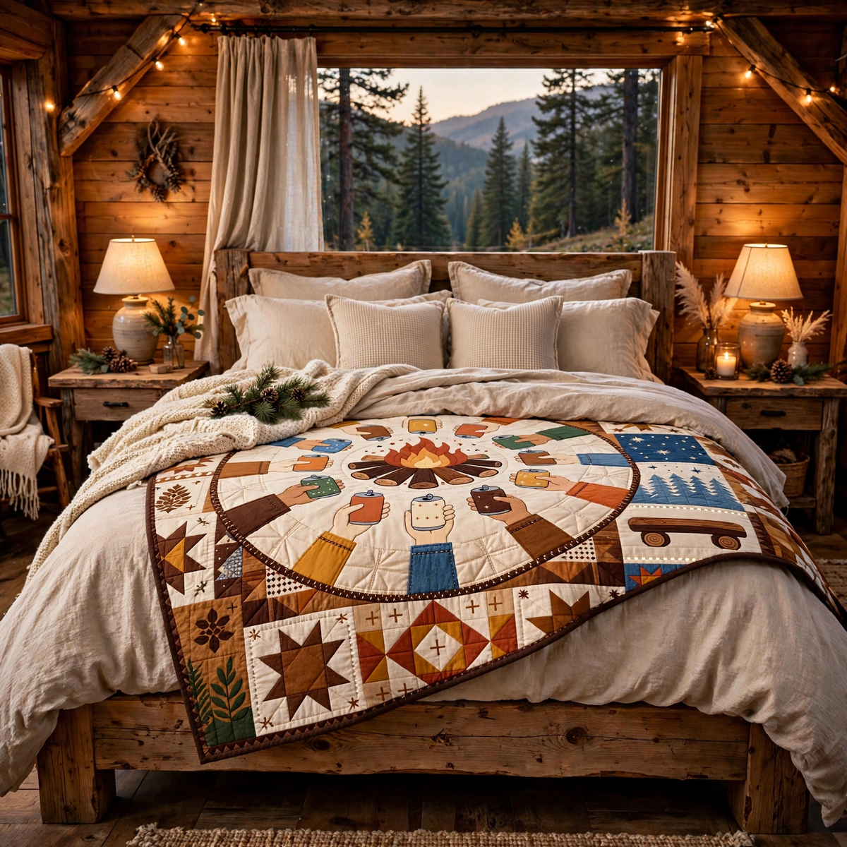 Campfire Quilt Blanket - Outdoor Camping Blanket, Cozy Adventure Gift & Rustic Cabin Home Decor