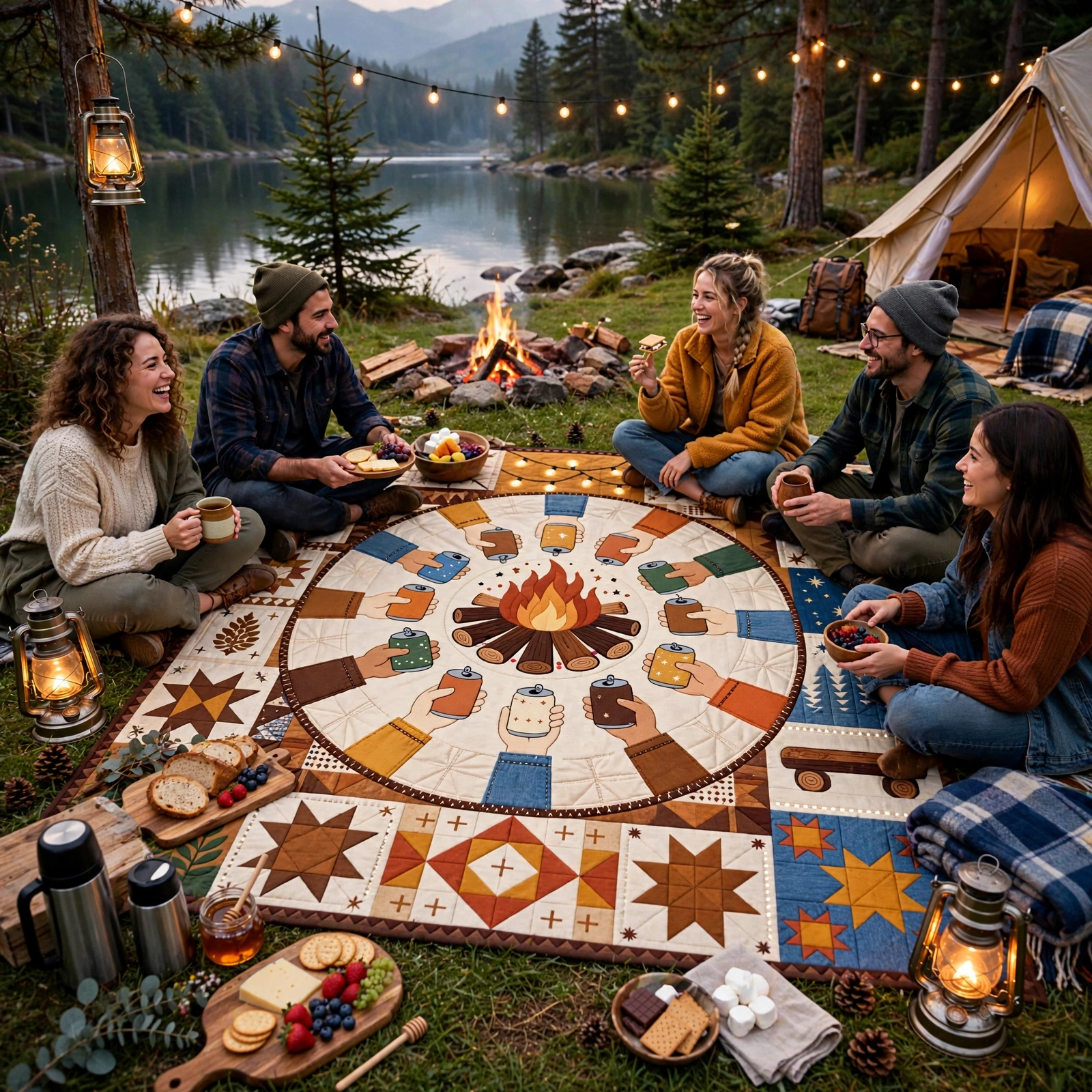 Campfire Quilt Blanket - Outdoor Camping Blanket, Cozy Adventure Gift & Rustic Cabin Home Decor