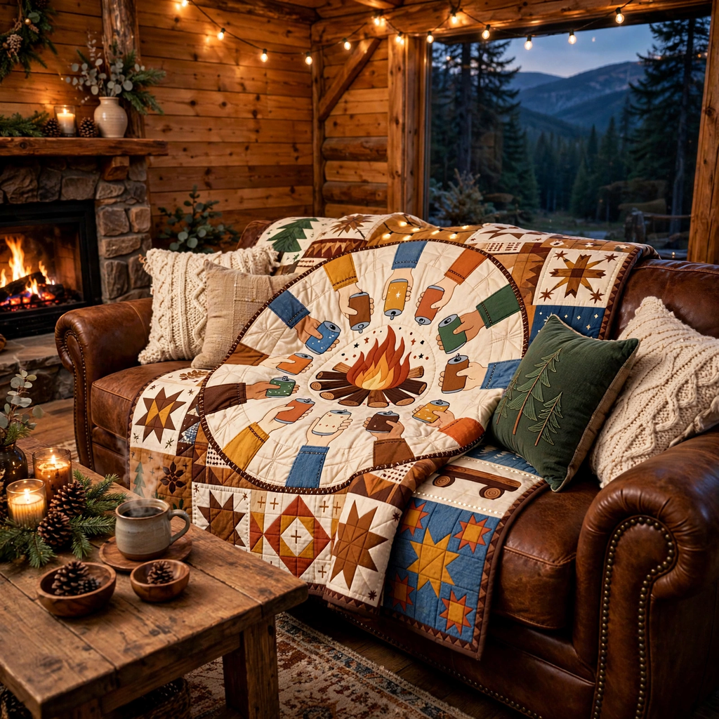 Campfire Quilt Blanket - Outdoor Camping Blanket, Cozy Adventure Gift & Rustic Cabin Home Decor