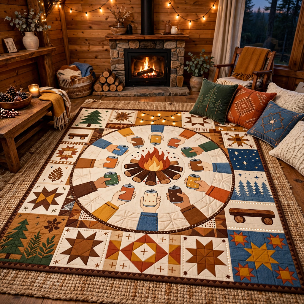 Campfire Quilt Blanket - Outdoor Camping Blanket, Cozy Adventure Gift & Rustic Cabin Home Decor
