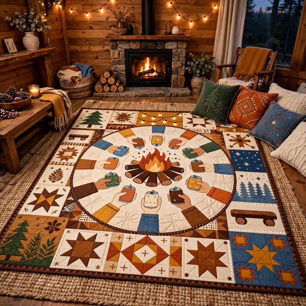 Campfire Quilt Blanket - Outdoor Camping Blanket, Cozy Adventure Gift & Rustic Cabin Home Decor