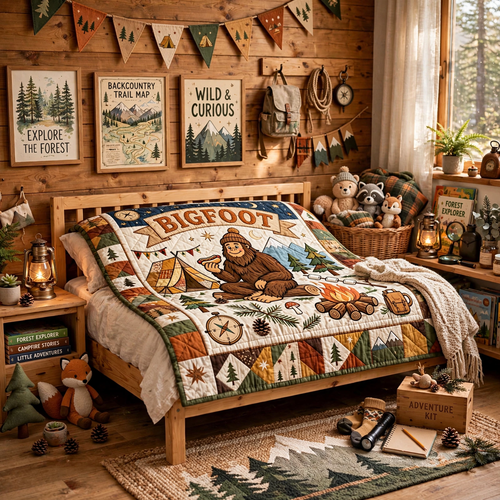 Bigfoot Camping Quilt Blanket - Sasquatch Adventure Blanket, Outdoor Gift for Nature Lovers & Rustic Cabin Decor