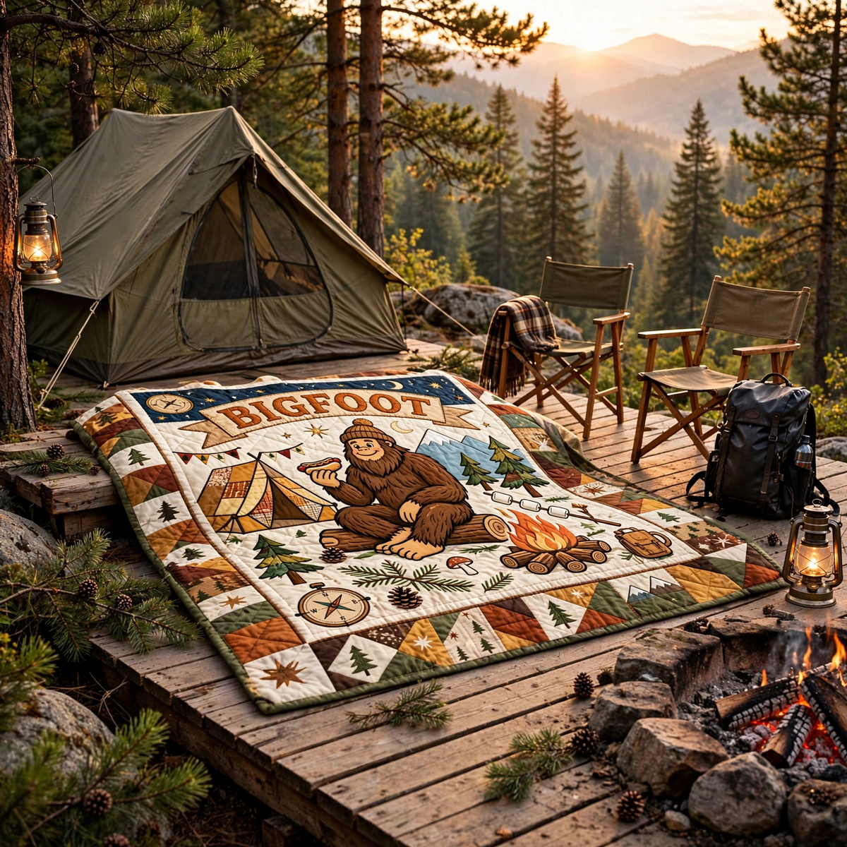 Bigfoot Camping Quilt Blanket - Sasquatch Adventure Blanket, Outdoor Gift for Nature Lovers & Rustic Cabin Decor