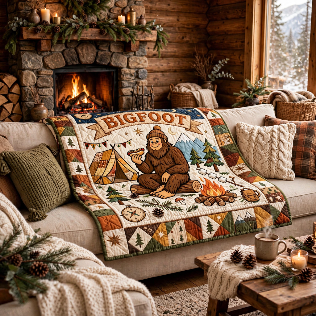 Bigfoot Camping Quilt Blanket - Sasquatch Adventure Blanket, Outdoor Gift for Nature Lovers & Rustic Cabin Decor