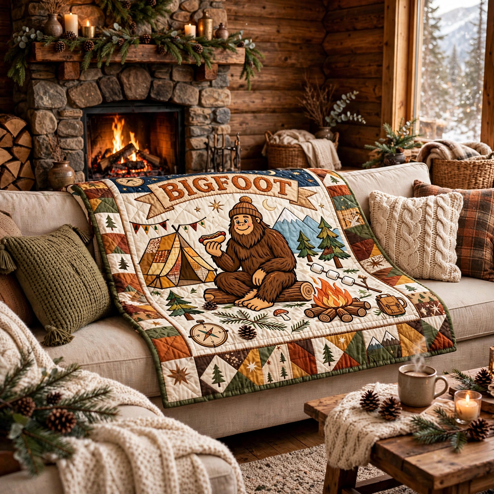 Bigfoot Camping Quilt Blanket - Sasquatch Adventure Blanket, Outdoor Gift for Nature Lovers & Rustic Cabin Decor