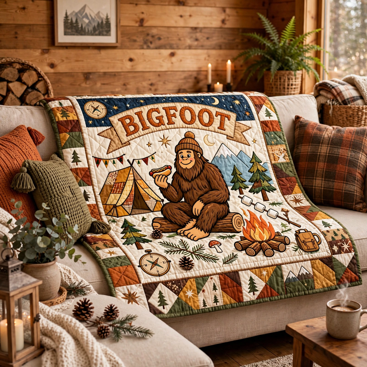 Bigfoot Camping Quilt Blanket - Sasquatch Adventure Blanket, Outdoor Gift for Nature Lovers & Rustic Cabin Decor
