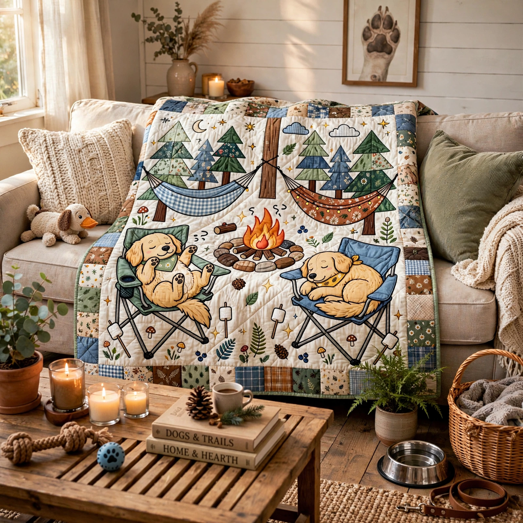 Camping Dog Quilt Blanket - Outdoor Adventure Blanket, Dog Lover Gift & Cozy Rustic Cabin Decor