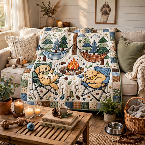 Camping Dog Quilt Blanket - Outdoor Adventure Blanket, Dog Lover Gift & Cozy Rustic Cabin Decor