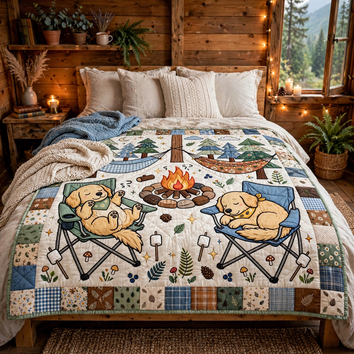 Camping Dog Quilt Blanket - Outdoor Adventure Blanket, Dog Lover Gift & Cozy Rustic Cabin Decor