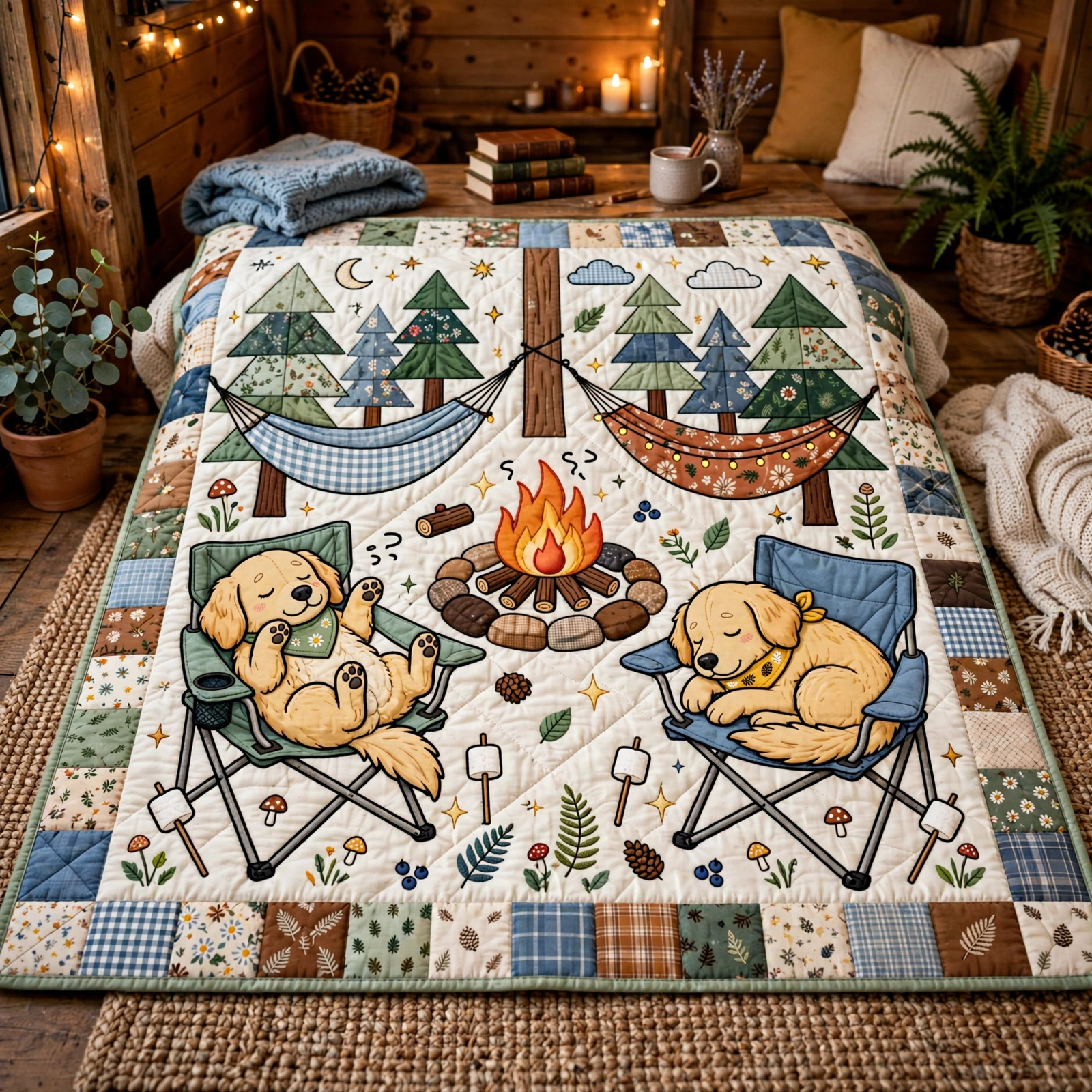 Camping Dog Quilt Blanket - Outdoor Adventure Blanket, Dog Lover Gift & Cozy Rustic Cabin Decor