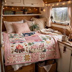 Camping Queen Quilt Blanket - Pink Camper Blanket, Outdoor Adventure Gift for Women & Cozy RV Travel Decor