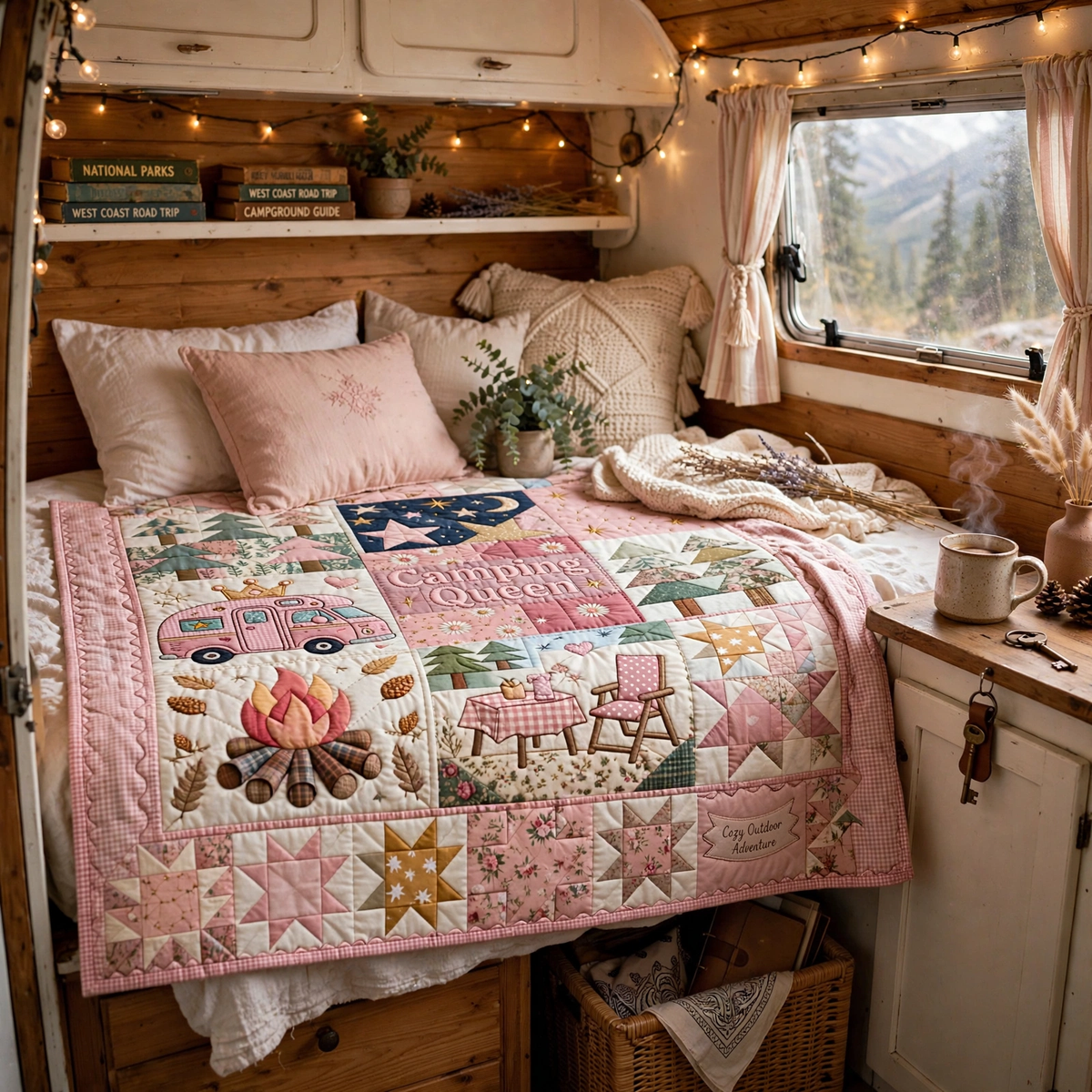 Camping Queen Quilt Blanket - Pink Camper Blanket, Outdoor Adventure Gift for Women & Cozy RV Travel Decor