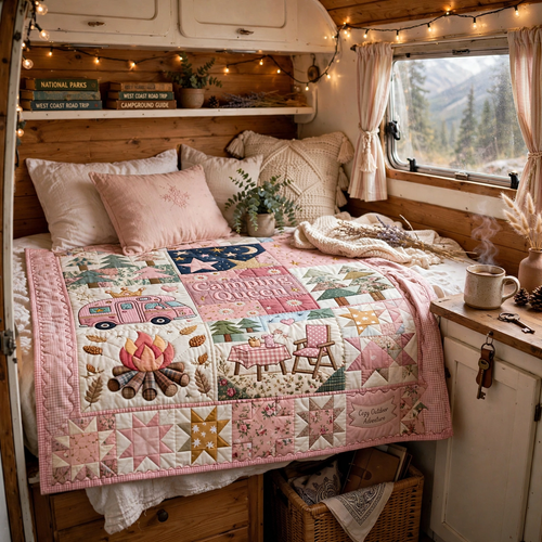 Camping Queen Quilt Blanket - Pink Camper Blanket, Outdoor Adventure Gift for Women & Cozy RV Travel Decor