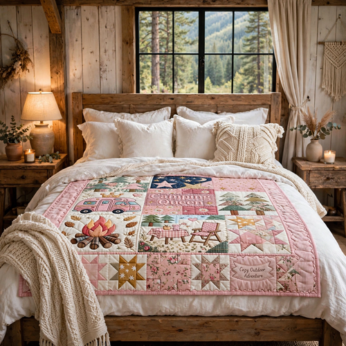 Camping Queen Quilt Blanket - Pink Camper Blanket, Outdoor Adventure Gift for Women & Cozy RV Travel Decor
