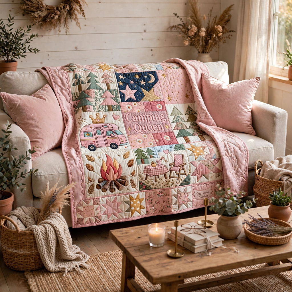Camping Queen Quilt Blanket - Pink Camper Blanket, Outdoor Adventure Gift for Women & Cozy RV Travel Decor