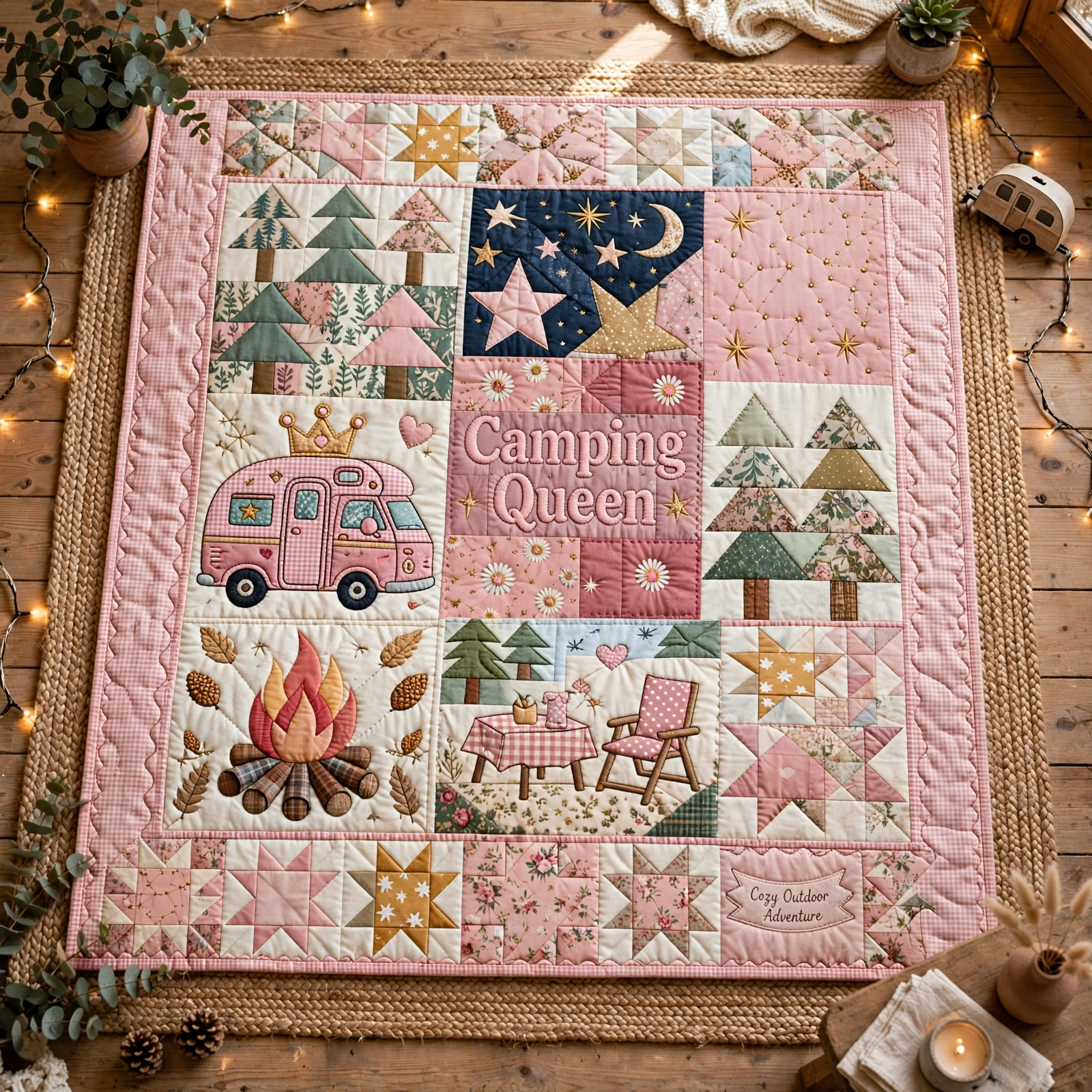 Camping Queen Quilt Blanket - Pink Camper Blanket, Outdoor Adventure Gift for Women & Cozy RV Travel Decor