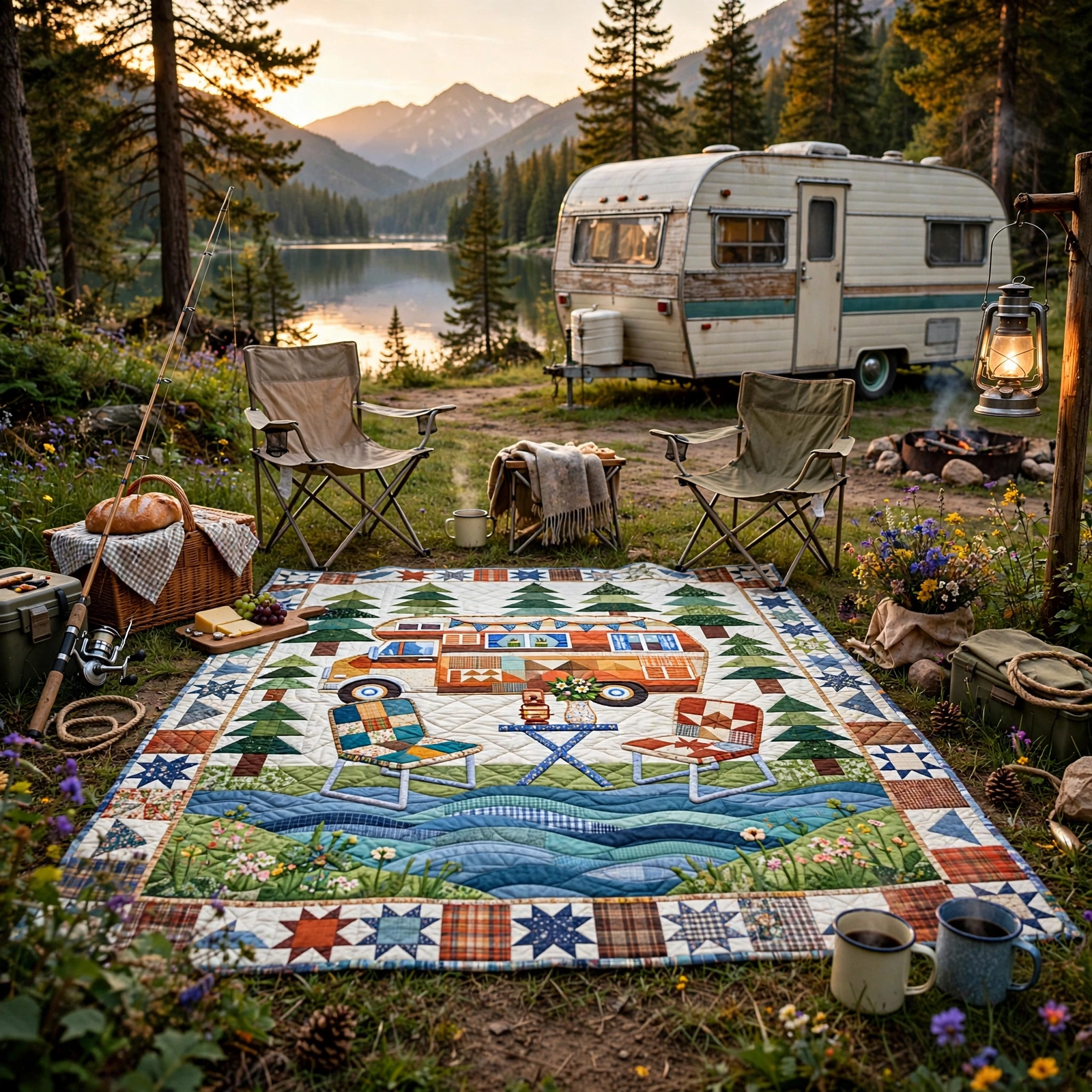 Vintage RV Camper Quilt Blanket - Camping Adventure Patchwork Throw, Rustic Cabin Decor Gift