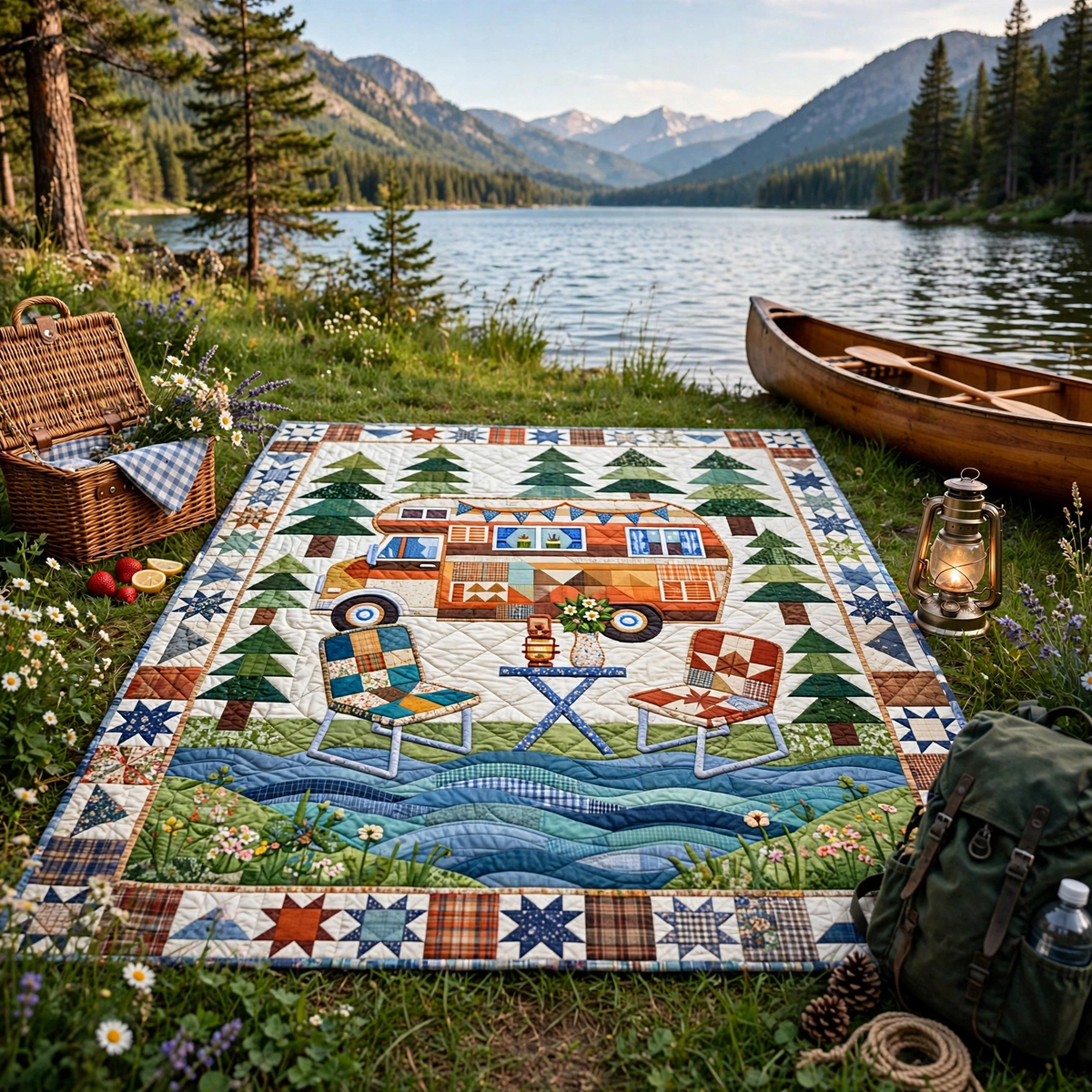 Vintage RV Camper Quilt Blanket - Camping Adventure Patchwork Throw, Rustic Cabin Decor Gift