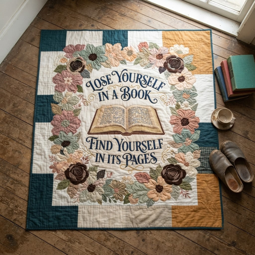 Lose Yourself In A Book Quilt, Find Yourself In Its Pages Blanket, Floral Book Lover Bedspread, Reading Nook Throw Decor, Bookish Gift