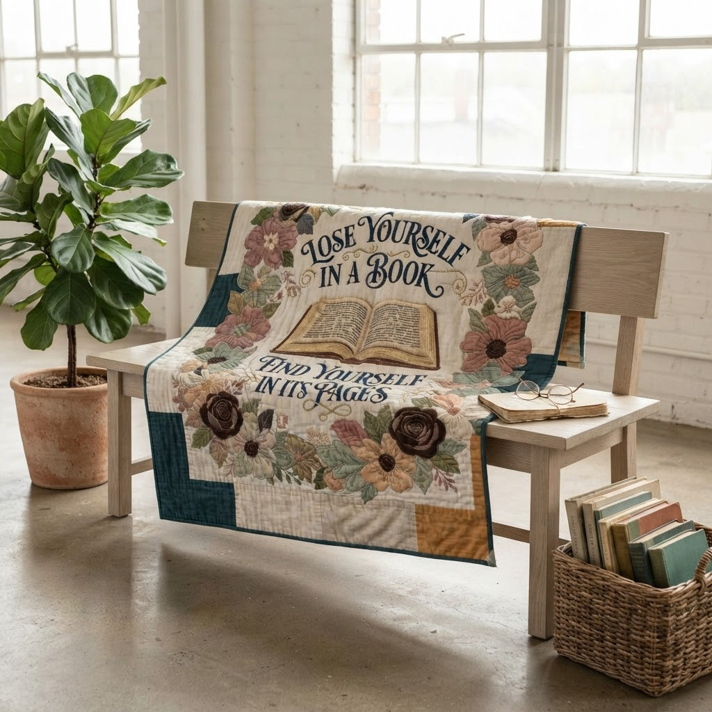 Lose Yourself In A Book Quilt, Find Yourself In Its Pages Blanket, Floral Book Lover Bedspread, Reading Nook Throw Decor, Bookish Gift