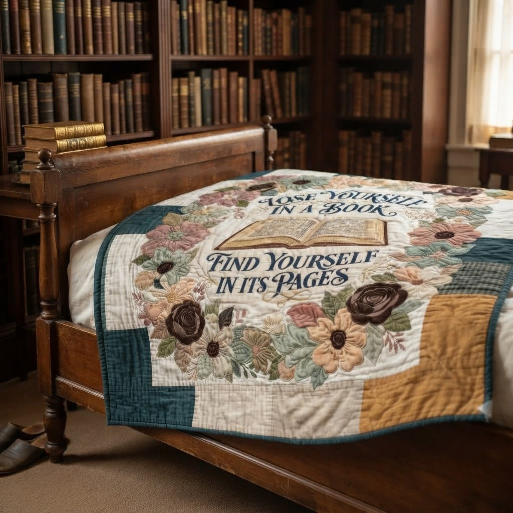 Lose Yourself In A Book Quilt, Find Yourself In Its Pages Blanket, Floral Book Lover Bedspread, Reading Nook Throw Decor, Bookish Gift