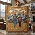 Personalized Adventure Awaits Quilt Blanket, Custom Mountain Hiking Couple Blanket, Anniversary Gift, Camping Throw, Outdoor Lover Gift