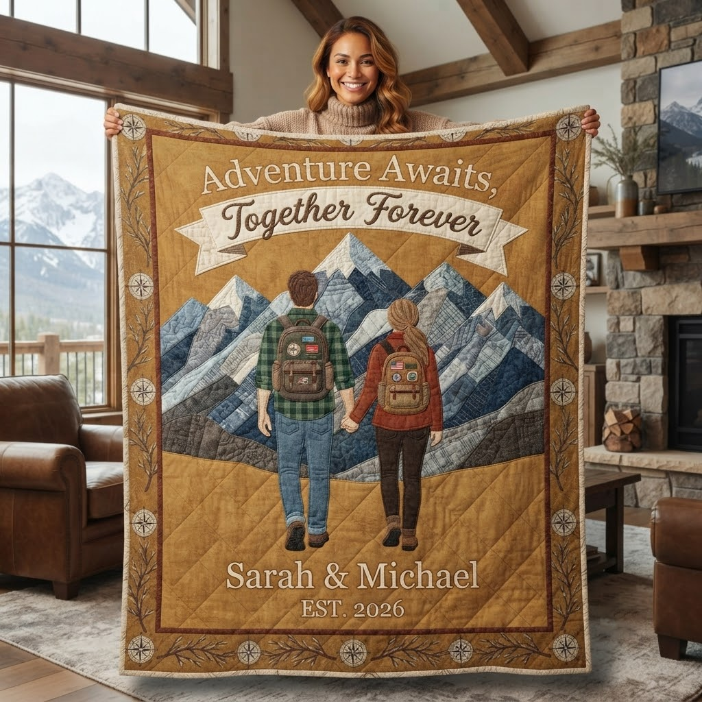 Personalized Adventure Awaits Quilt Blanket, Custom Mountain Hiking Couple Blanket, Anniversary Gift, Camping Throw, Outdoor Lover Gift