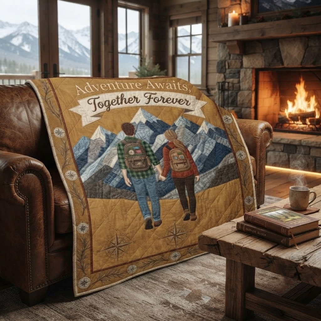 Personalized Adventure Awaits Quilt Blanket, Custom Mountain Hiking Couple Blanket, Anniversary Gift, Camping Throw, Outdoor Lover Gift