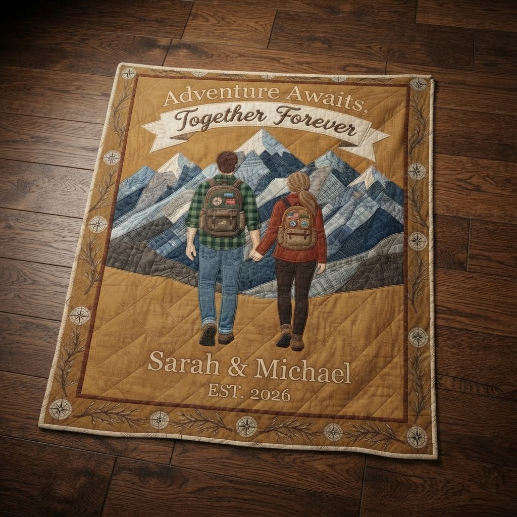 Personalized Adventure Awaits Quilt Blanket, Custom Mountain Hiking Couple Blanket, Anniversary Gift, Camping Throw, Outdoor Lover Gift