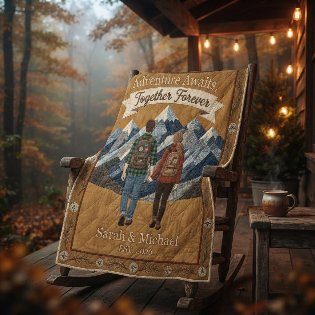 Personalized Adventure Awaits Quilt Blanket, Custom Mountain Hiking Couple Blanket, Anniversary Gift, Camping Throw, Outdoor Lover Gift
