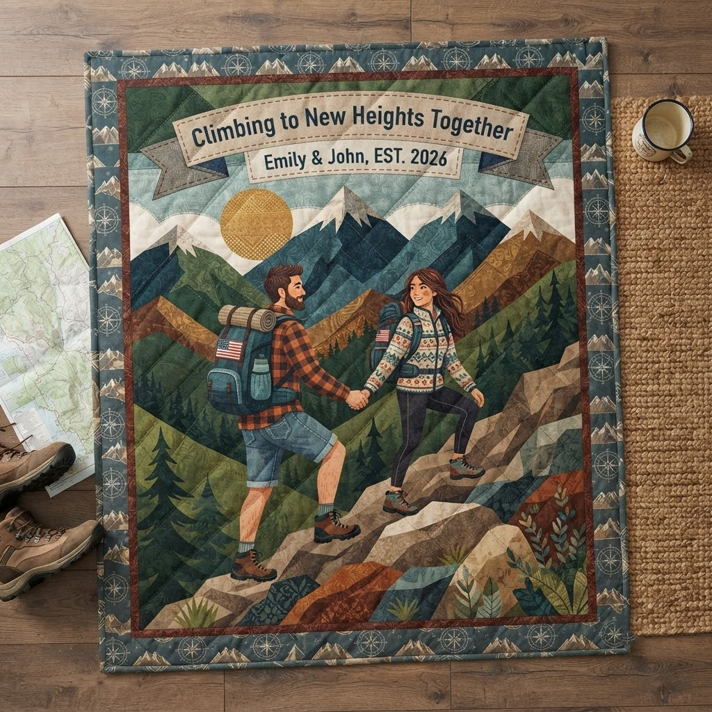 Personalized Climbing Together Quilt Blanket, Custom Mountain Hiking Couple Throw, Anniversary Gift, Camping Decor, Outdoor Lover Blanket