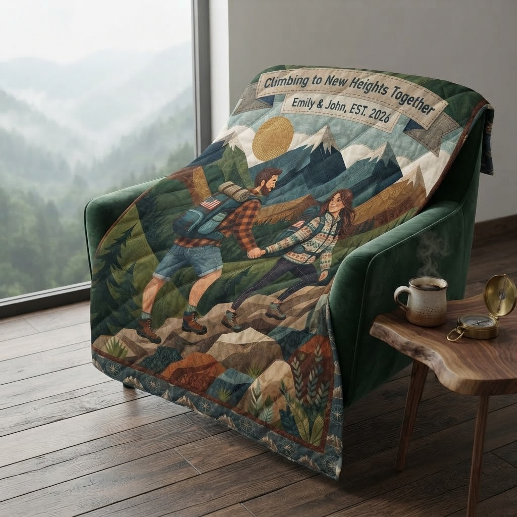 Personalized Climbing Together Quilt Blanket, Custom Mountain Hiking Couple Throw, Anniversary Gift, Camping Decor, Outdoor Lover Blanket