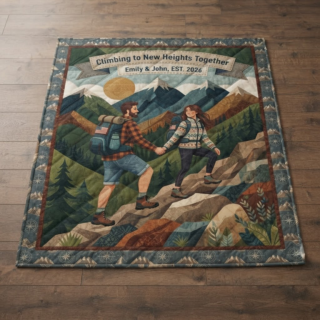 Personalized Climbing Together Quilt Blanket, Custom Mountain Hiking Couple Throw, Anniversary Gift, Camping Decor, Outdoor Lover Blanket