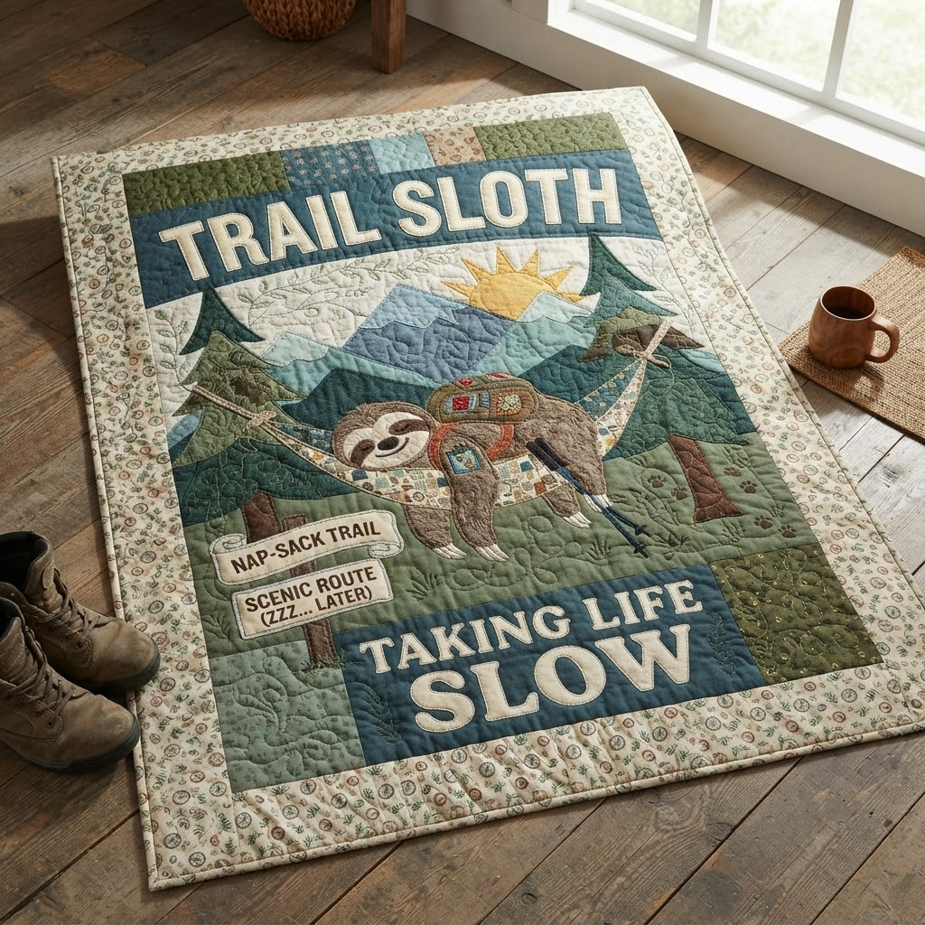 Trail Sloth Quilt Blanket, Taking Life Slow Throw Blanket, Camping Sloth Bedding, Hiking Lover Gift, Outdoor Adventure Decor, Cute Animal Quilt