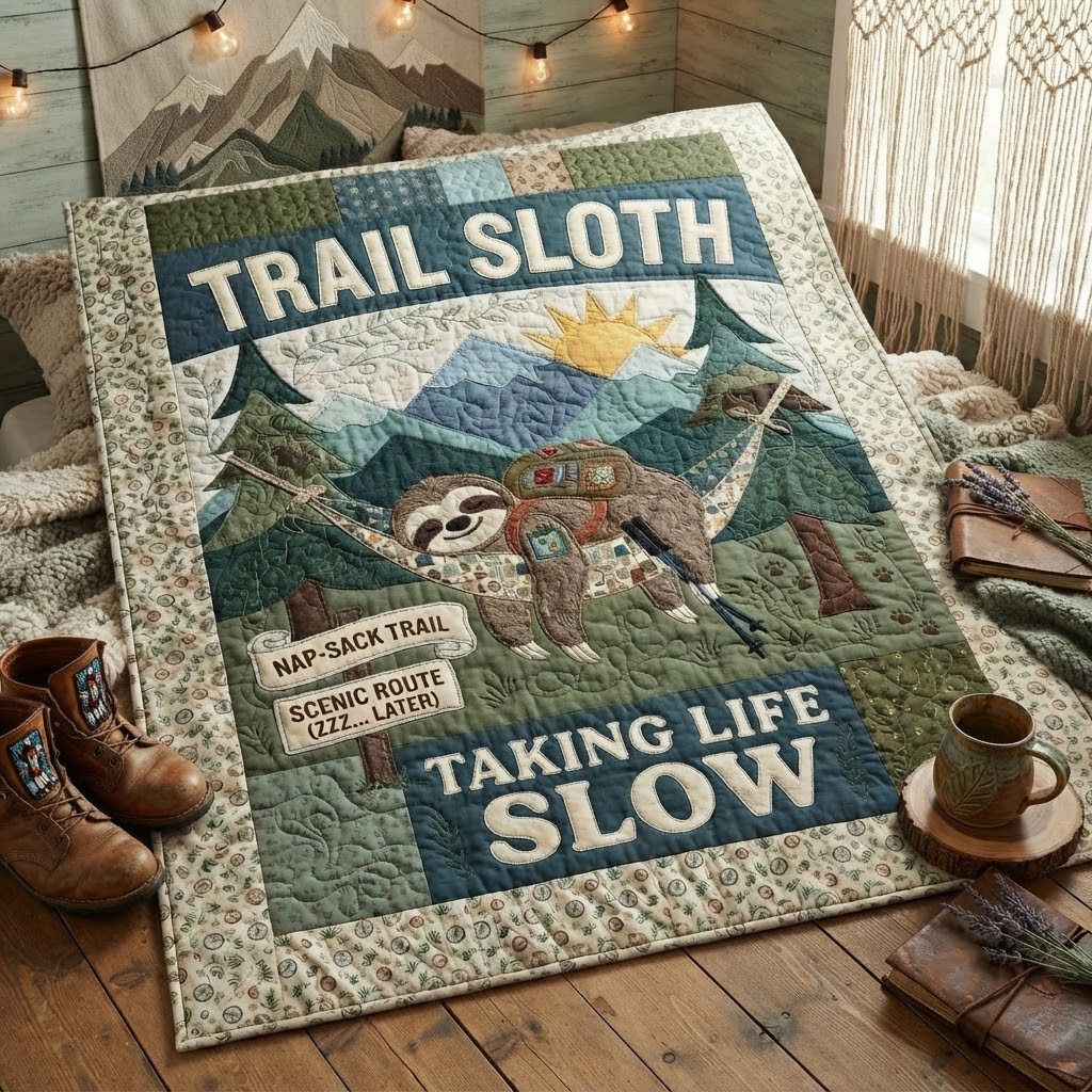 Trail Sloth Quilt Blanket, Taking Life Slow Throw Blanket, Camping Sloth Bedding, Hiking Lover Gift, Outdoor Adventure Decor, Cute Animal Quilt