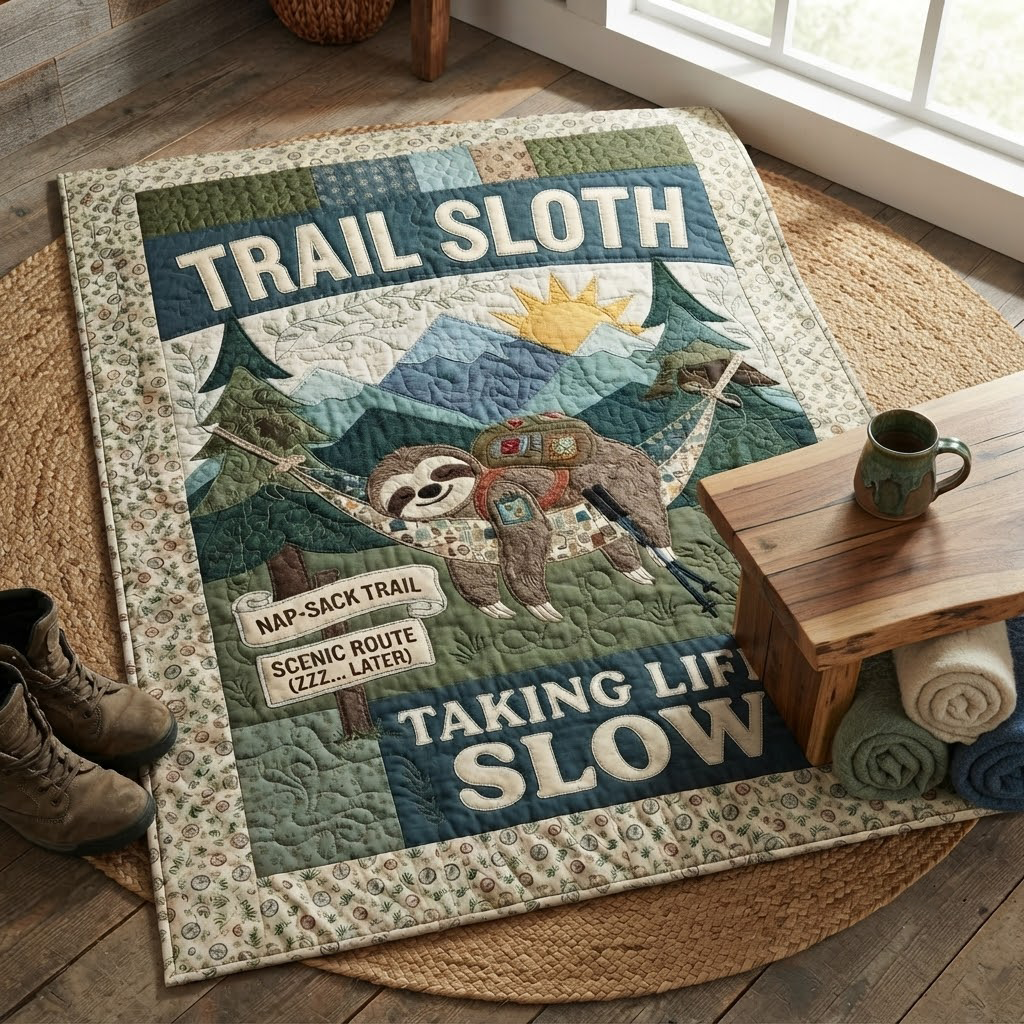 Trail Sloth Quilt Blanket, Taking Life Slow Throw Blanket, Camping Sloth Bedding, Hiking Lover Gift, Outdoor Adventure Decor, Cute Animal Quilt