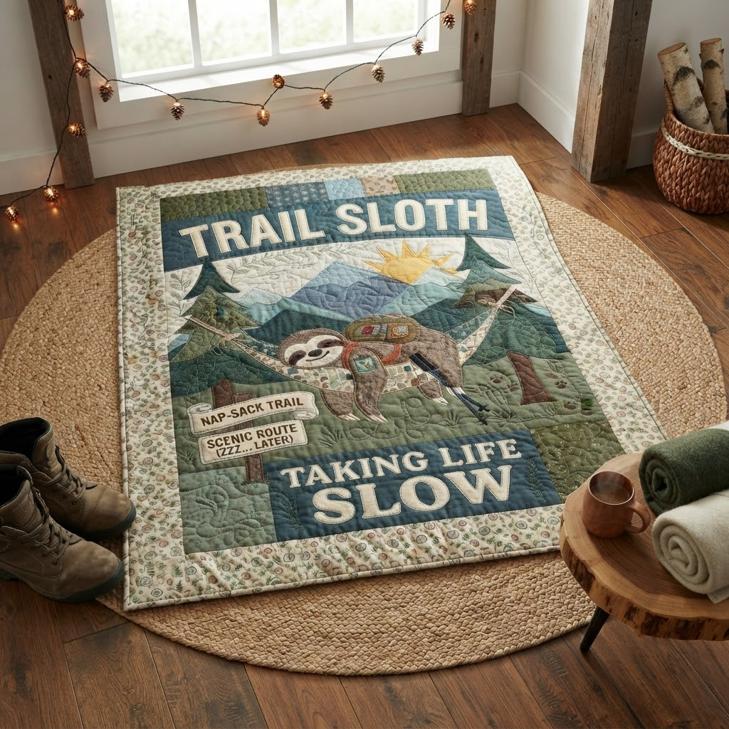 Trail Sloth Quilt Blanket, Taking Life Slow Throw Blanket, Camping Sloth Bedding, Hiking Lover Gift, Outdoor Adventure Decor, Cute Animal Quilt