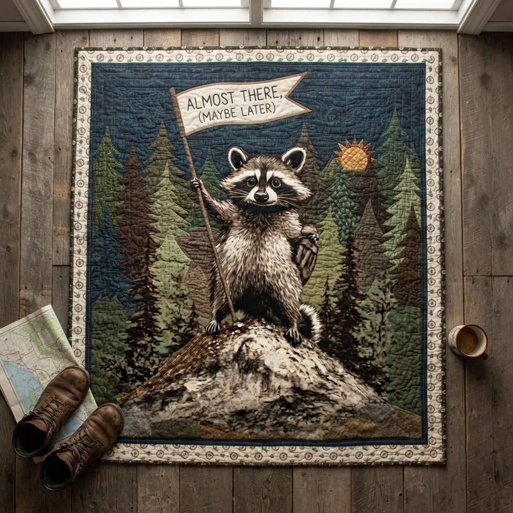 Funny Raccoon Hiking Quilt Blanket, Woodland Nature Lover Gift, Cute Animal Camping Bedspread, Outdoor Adventure Throw Blanket, Cabin Decor