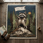 Funny Raccoon Hiking Quilt Blanket, Woodland Nature Lover Gift, Cute Animal Camping Bedspread, Outdoor Adventure Throw Blanket, Cabin Decor